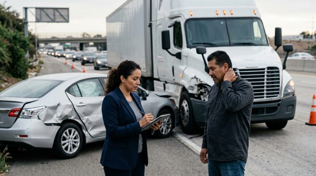 Camión semirremolque dañado y vehículo de pasajeros tras accidente grave en carretera.