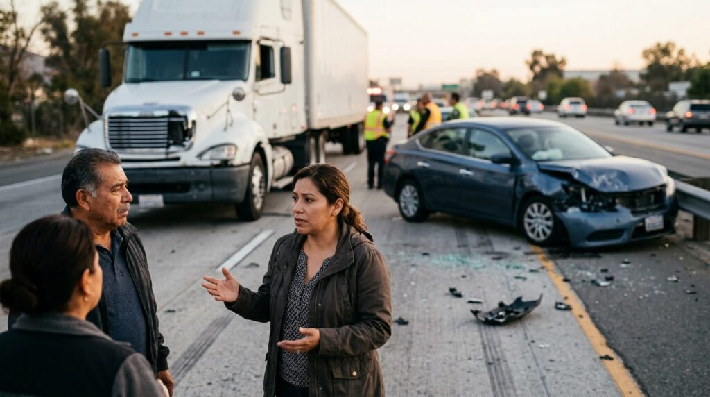 Camión semirremolque y auto dañados tras accidente grave en carretera.