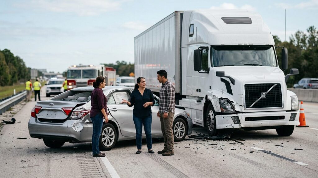 Camión semirremolque y automóvil dañados después de accidente grave en carretera.