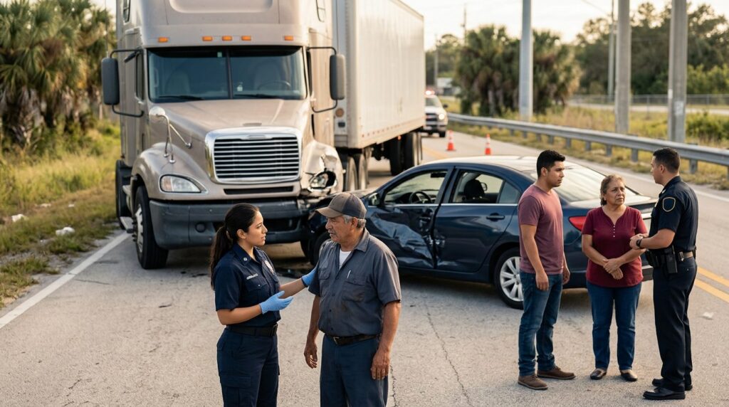 Camión semirremolque y automóvil dañados después de accidente grave en carretera.