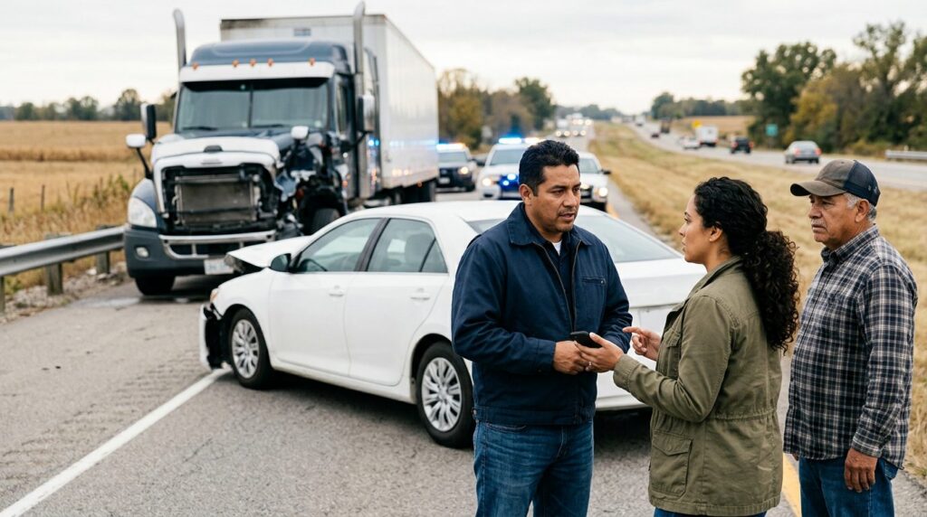 Camión semirremolque y automóvil dañados después de accidente grave en carretera.