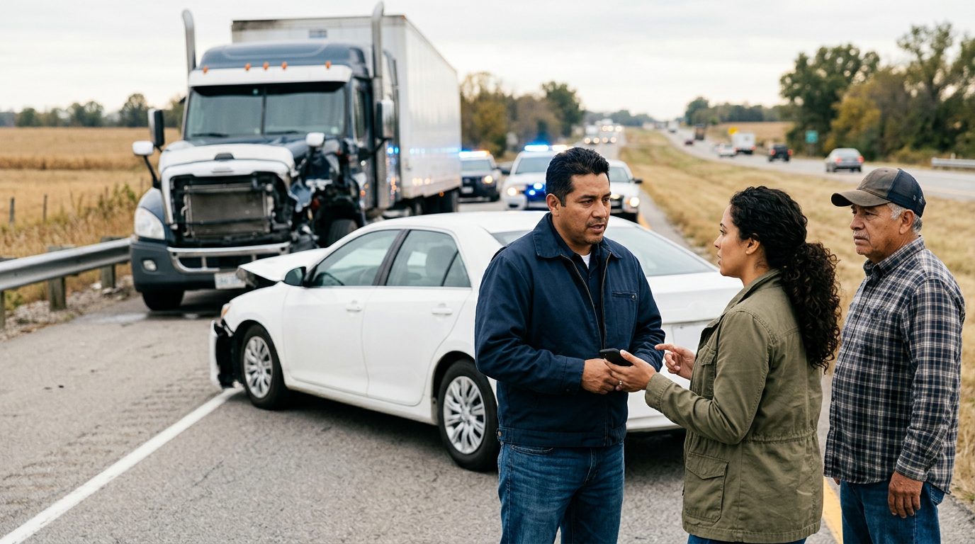 Camión semirremolque y automóvil dañados después de accidente grave en carretera.