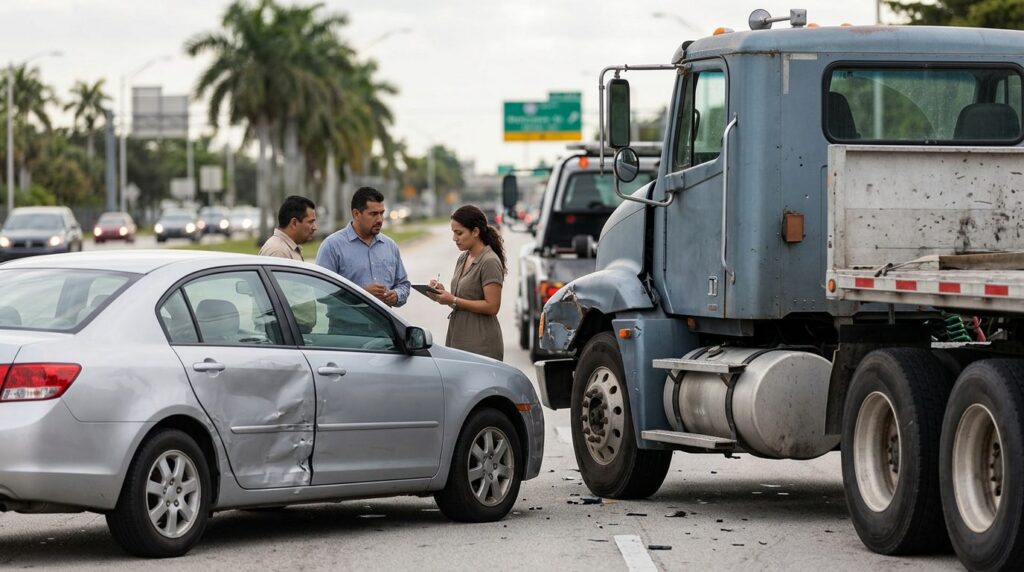 Camión semirremolque y vehículo de pasajeros dañados después de accidente grave.