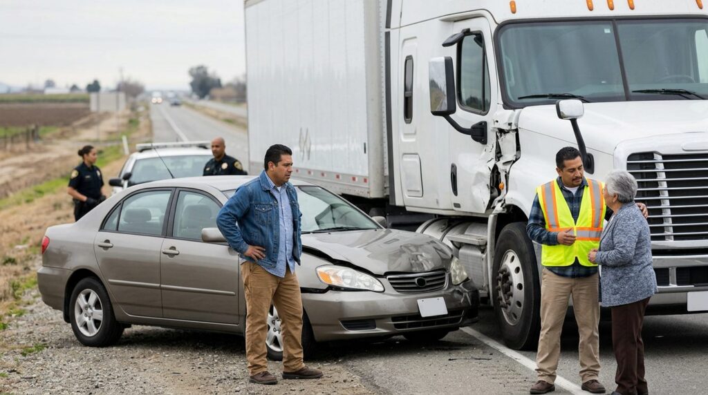 Camión semirremolque y vehículo de pasajeros dañados después de accidente grave.