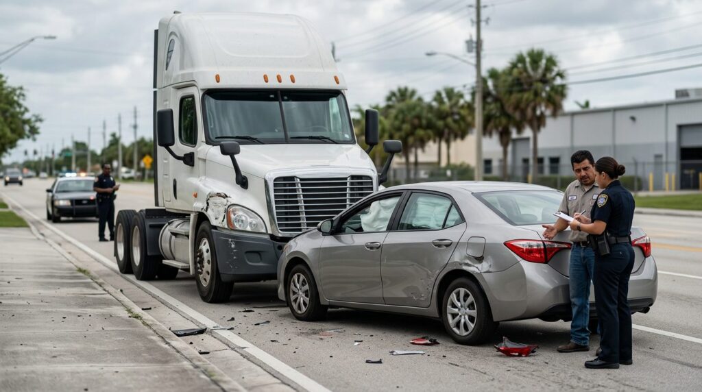 Camión semirremolque y vehículo de pasajeros dañados después de accidente grave.