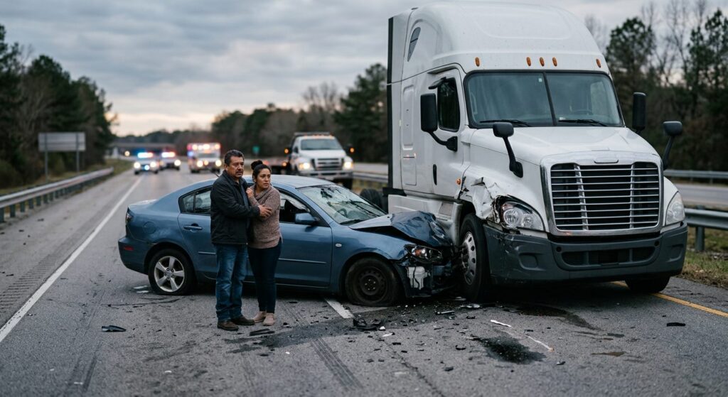Camión semirremolque y vehículo de pasajeros dañados después de accidente grave en carretera.