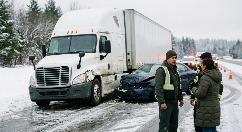 Camión semirremolque y vehículo de pasajeros dañados después de accidente grave en carretera.
