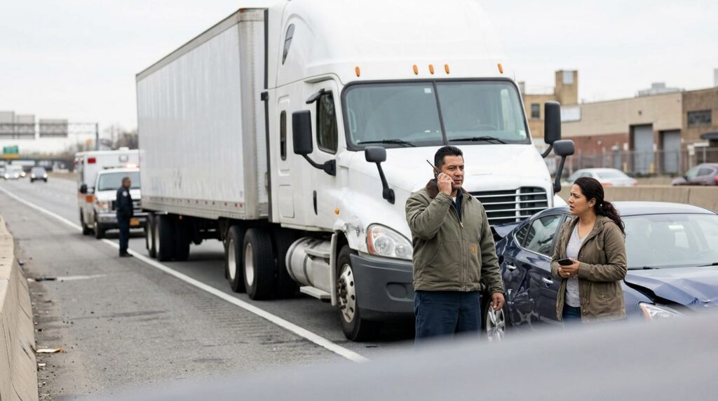Camión semirremolque y vehículo de pasajeros dañados después de accidente grave.