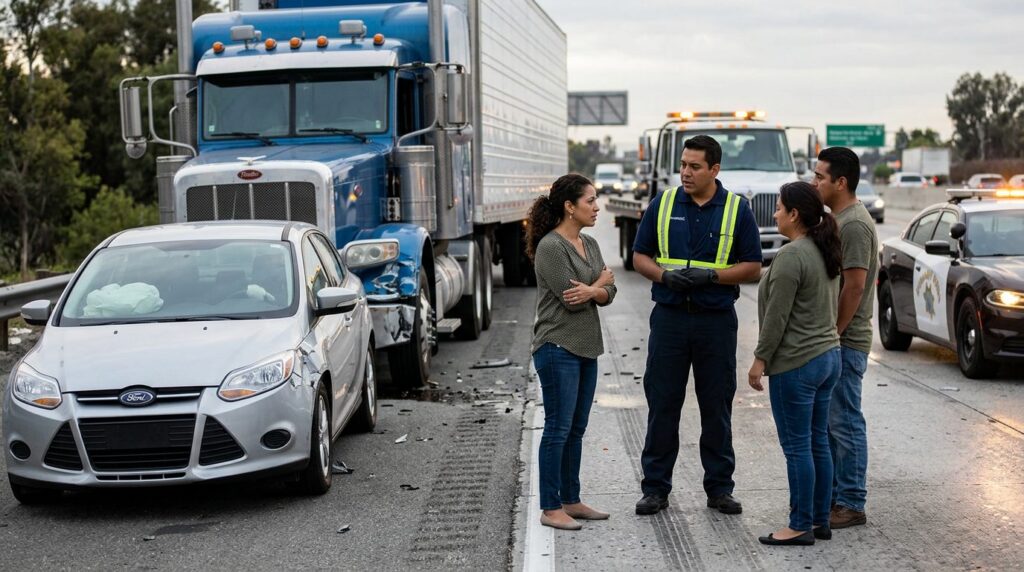 Camión semirremolque y vehículo de pasajeros dañados después de accidente grave.
