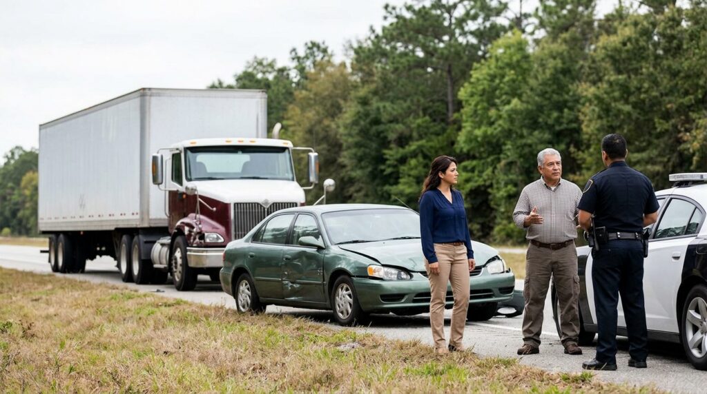 Camión semirremolque y vehículo de pasajeros dañados tras accidente grave en Jacksonville.