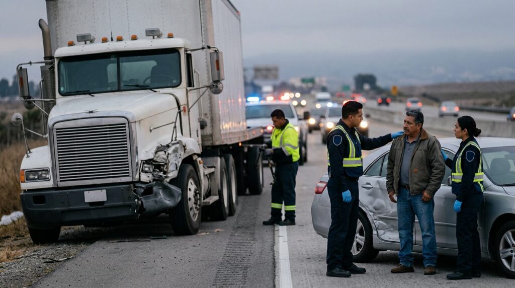 Camión semirremolque y vehículo de pasajeros dañados tras accidente grave.