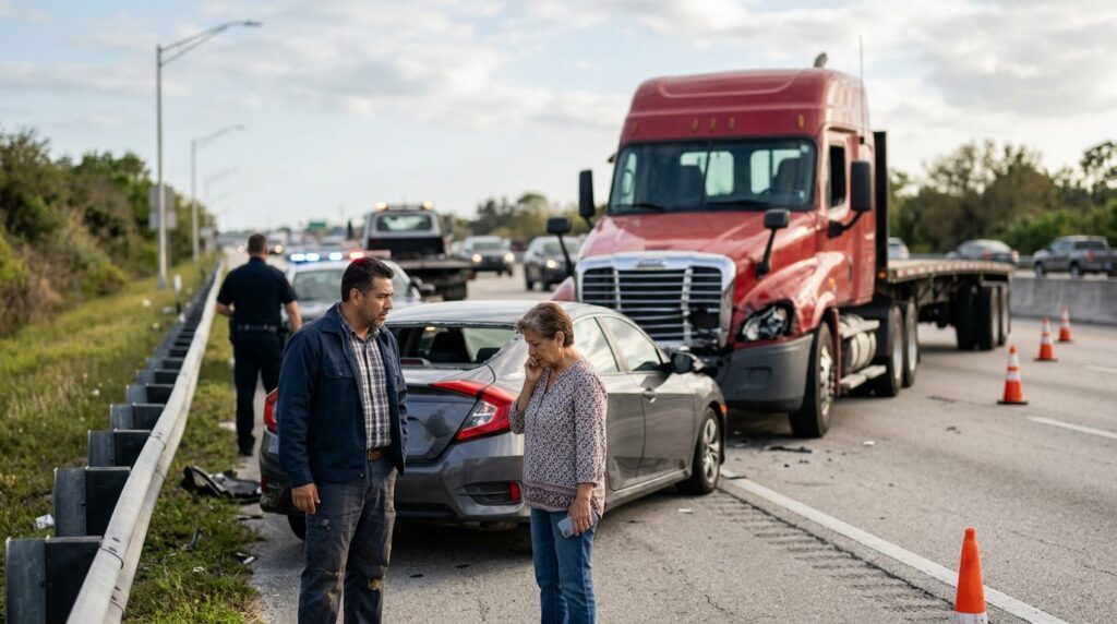 Camión semirremolque y vehículo de pasajeros dañados tras accidente grave en Florida.