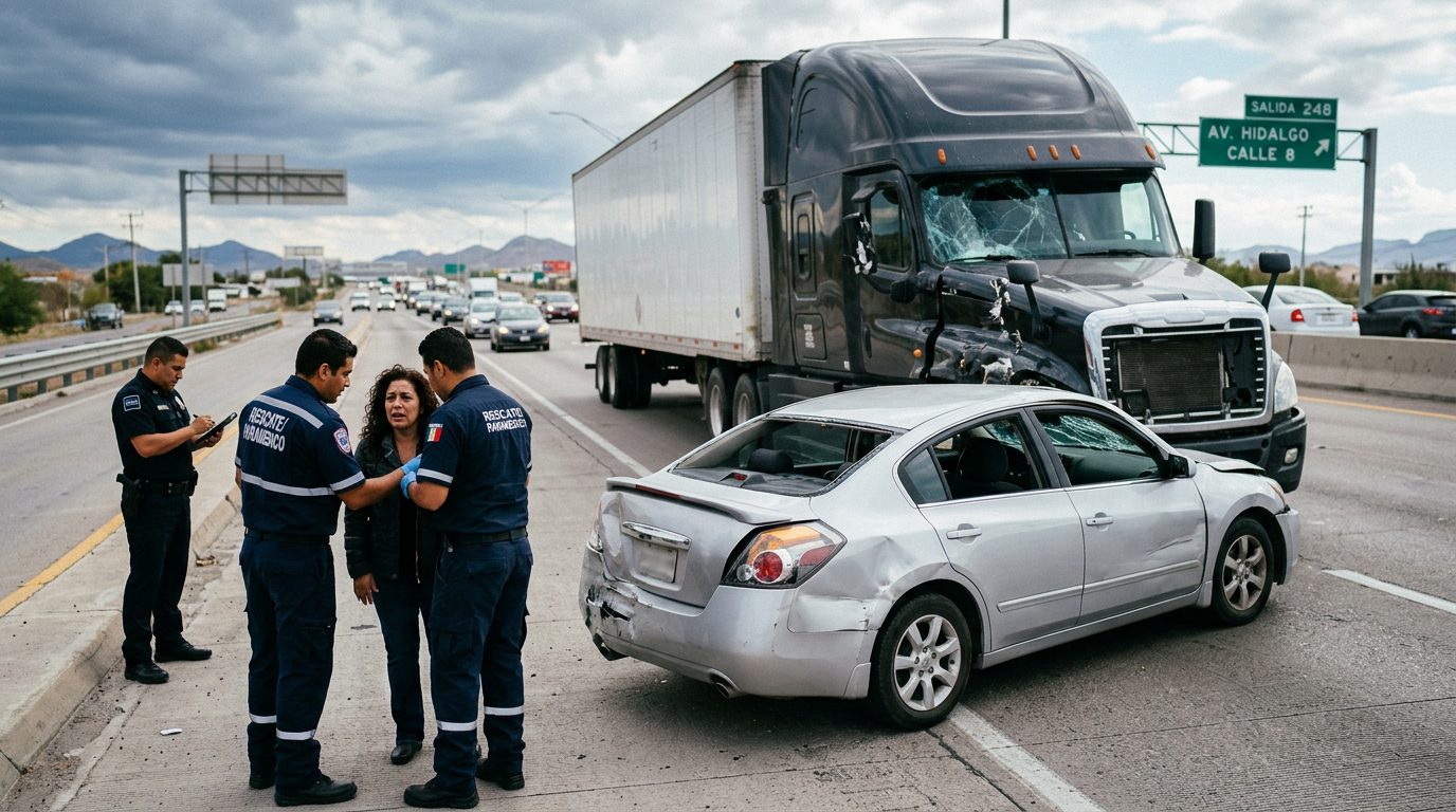 Camión semirremolque y vehículo de pasajeros dañados tras accidente grave en carretera.