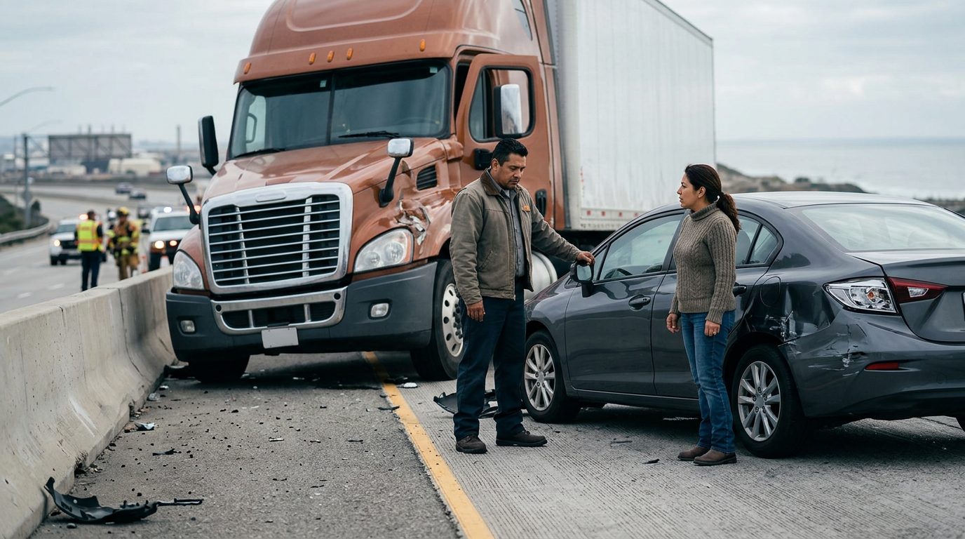 Camión semirremolque y vehículo de pasajeros dañados tras accidente grave en carretera.