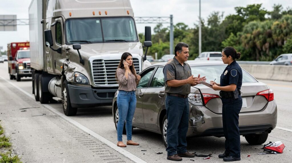 Camión semirremolque y vehículo de pasajeros dañados tras accidente grave.
