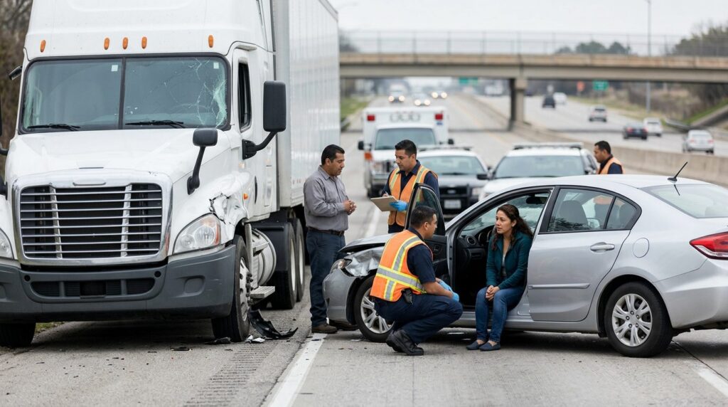 Camión semirremolque y vehículo de pasajeros dañados tras accidente grave en carretera.