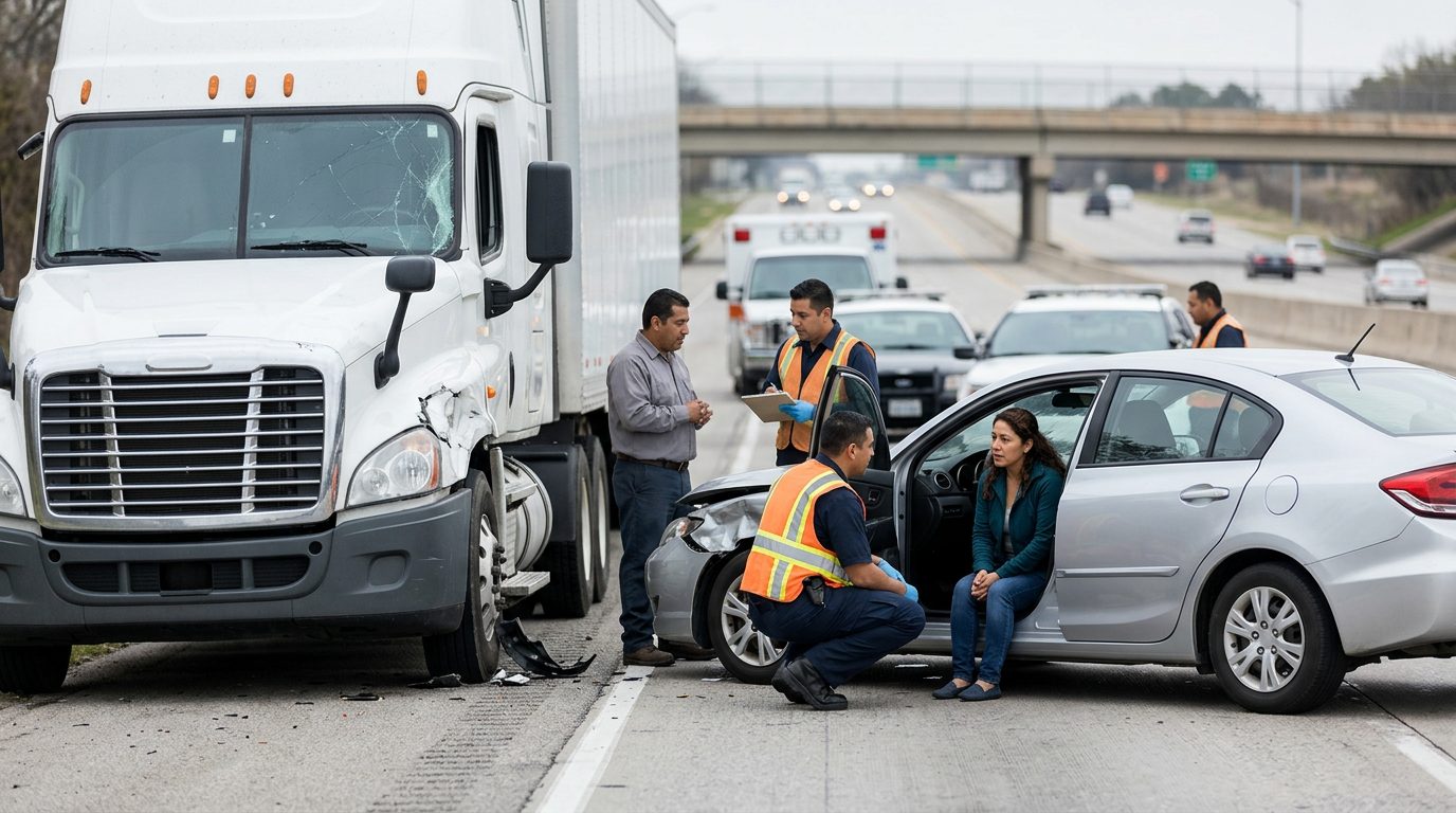 Camión semirremolque y vehículo de pasajeros dañados tras accidente grave en carretera.