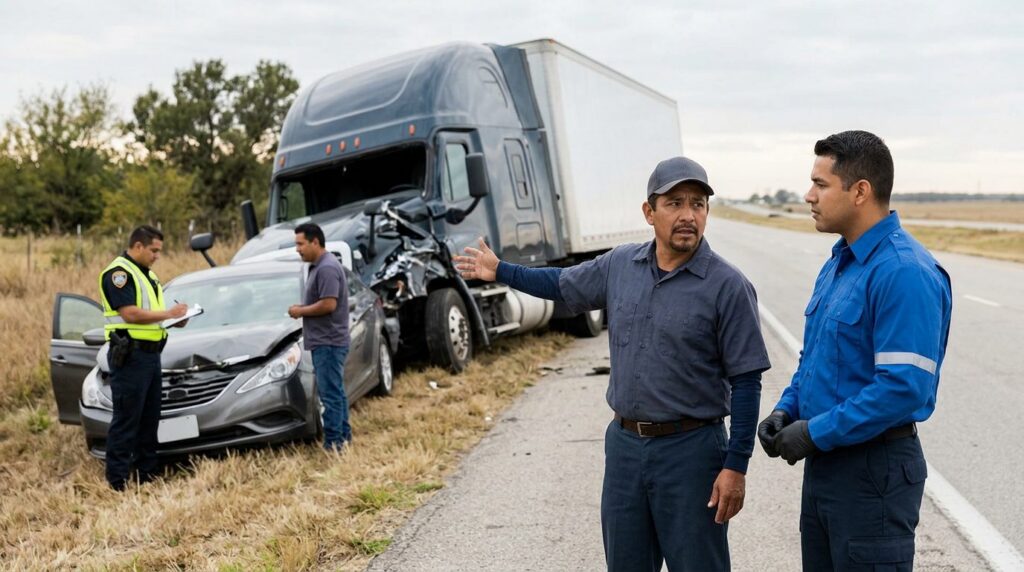 Camión semirremolque y vehículo de pasajeros dañados tras accidente grave en carretera.