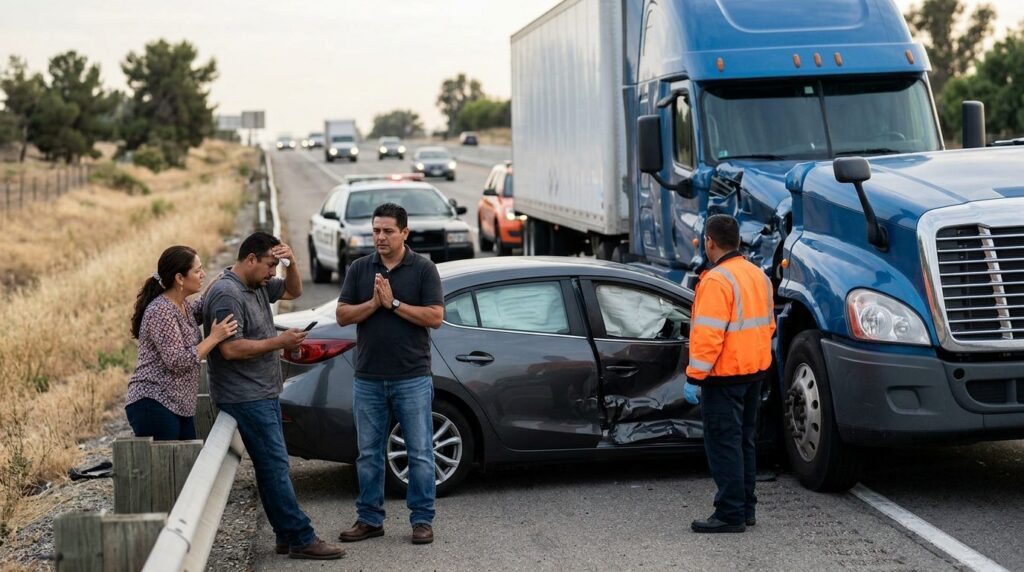 Camión semirremolque y vehículo de pasajeros dañados tras accidente grave en carretera.