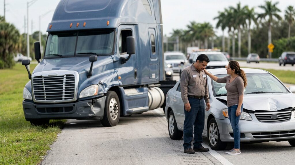 Camión semirremolque y vehículo de pasajeros dañados tras accidente grave en carretera.