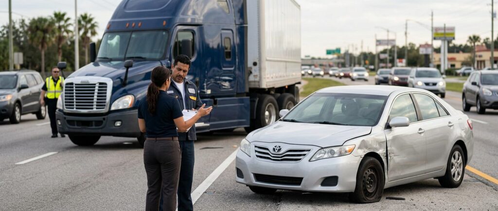 Camión y auto dañados tras accidente grave en carretera.