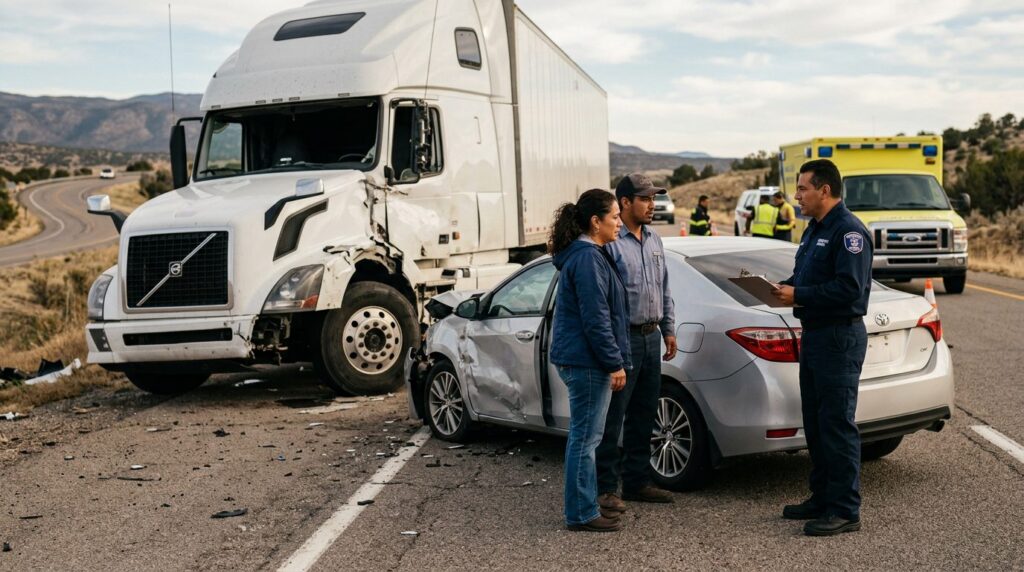 Camión y automóvil dañados después de accidente grave en carretera.