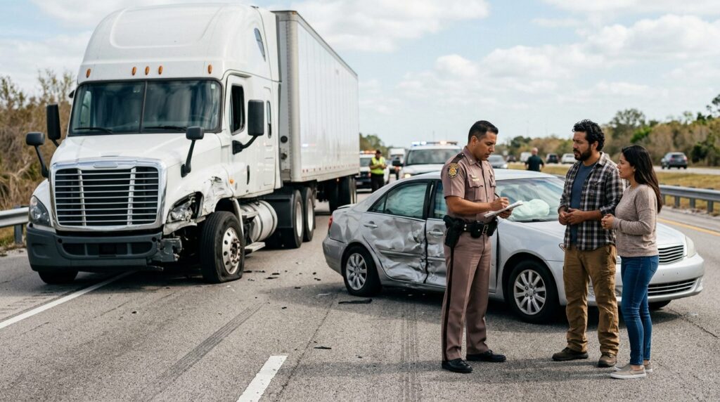 Camión y automóvil dañados después de un accidente vehicular en Florida.