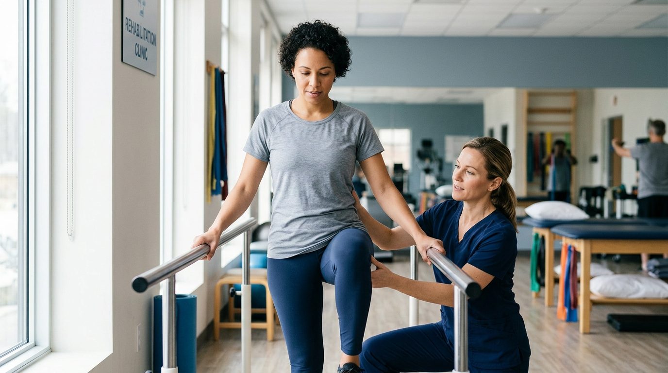 Catastrophic injury survivor working with physical therapist on mobility recovery in rehabilitation clinic.
