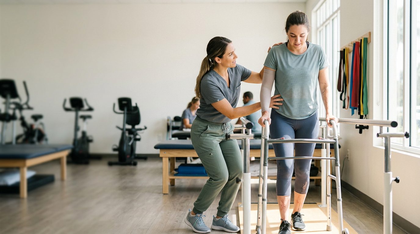 Catastrophic injury survivor working with physical therapist on mobility recovery in rehabilitation clinic.