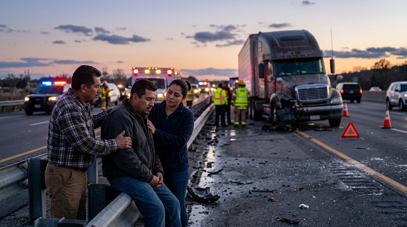 Colisión de camión comercial en autopista al atardecer con personas hispanolas.