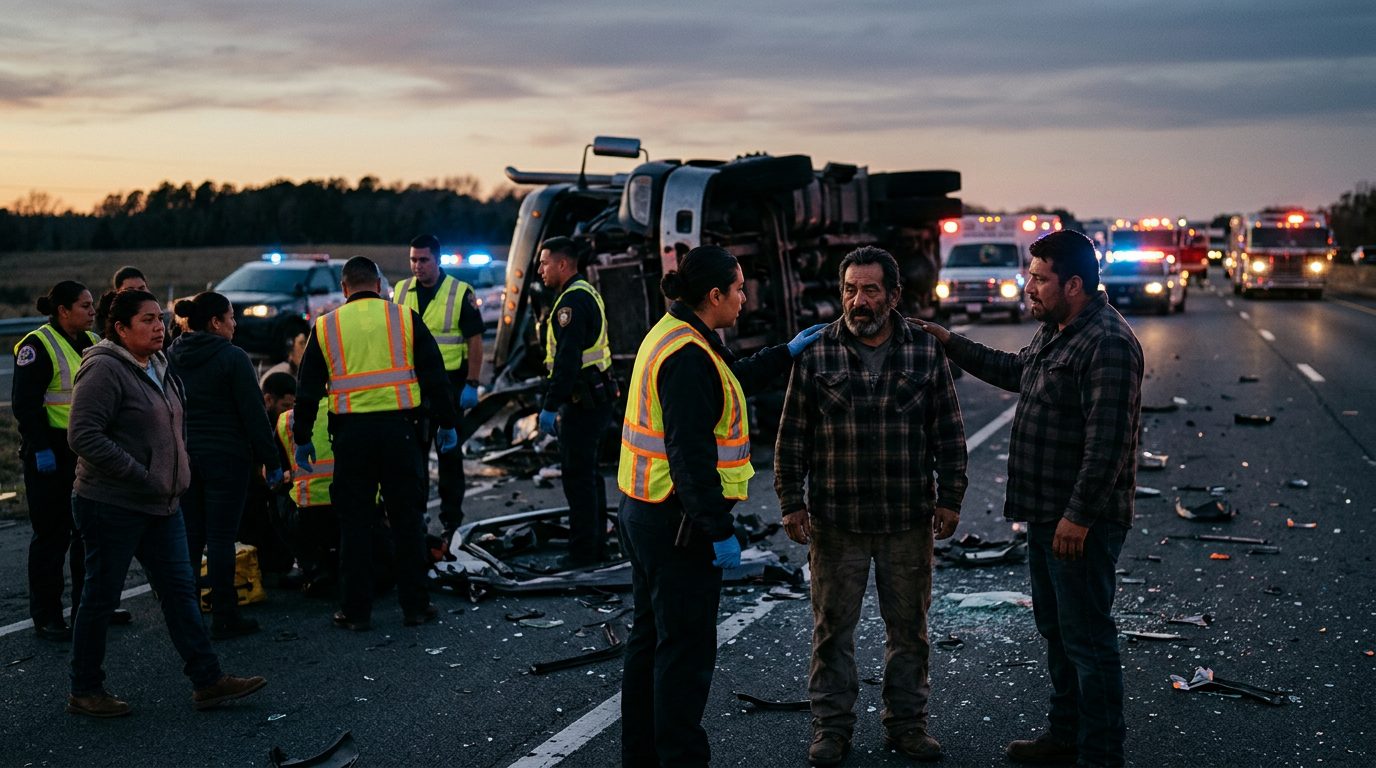 Colisión de camión comercial en autopista al atardecer con personas hispanolas.