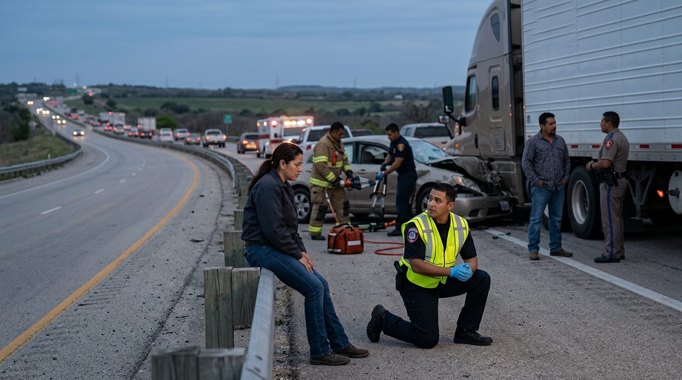 Colisión de camión comercial en autopista con personas hispanohablantes después del accidente.