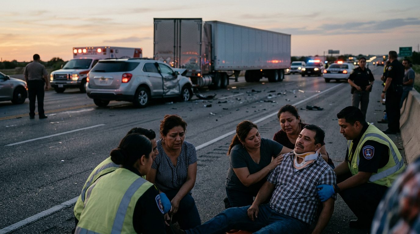 Colisión de camión comercial en autopista con personas hispanohablantes heridas.