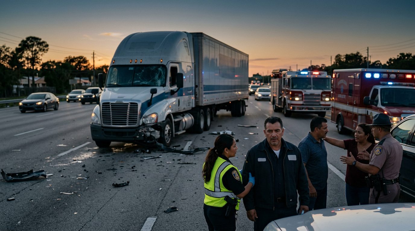 Colisión de camión comercial en carretera al atardecer con personas hispanolas.
