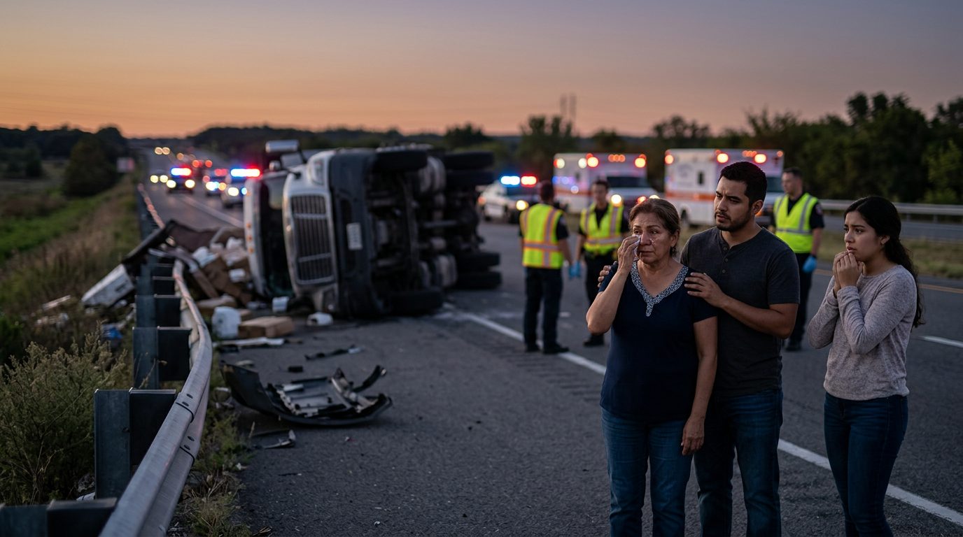 Colisión de camión comercial en carretera al atardecer con personas hispanohablantes.