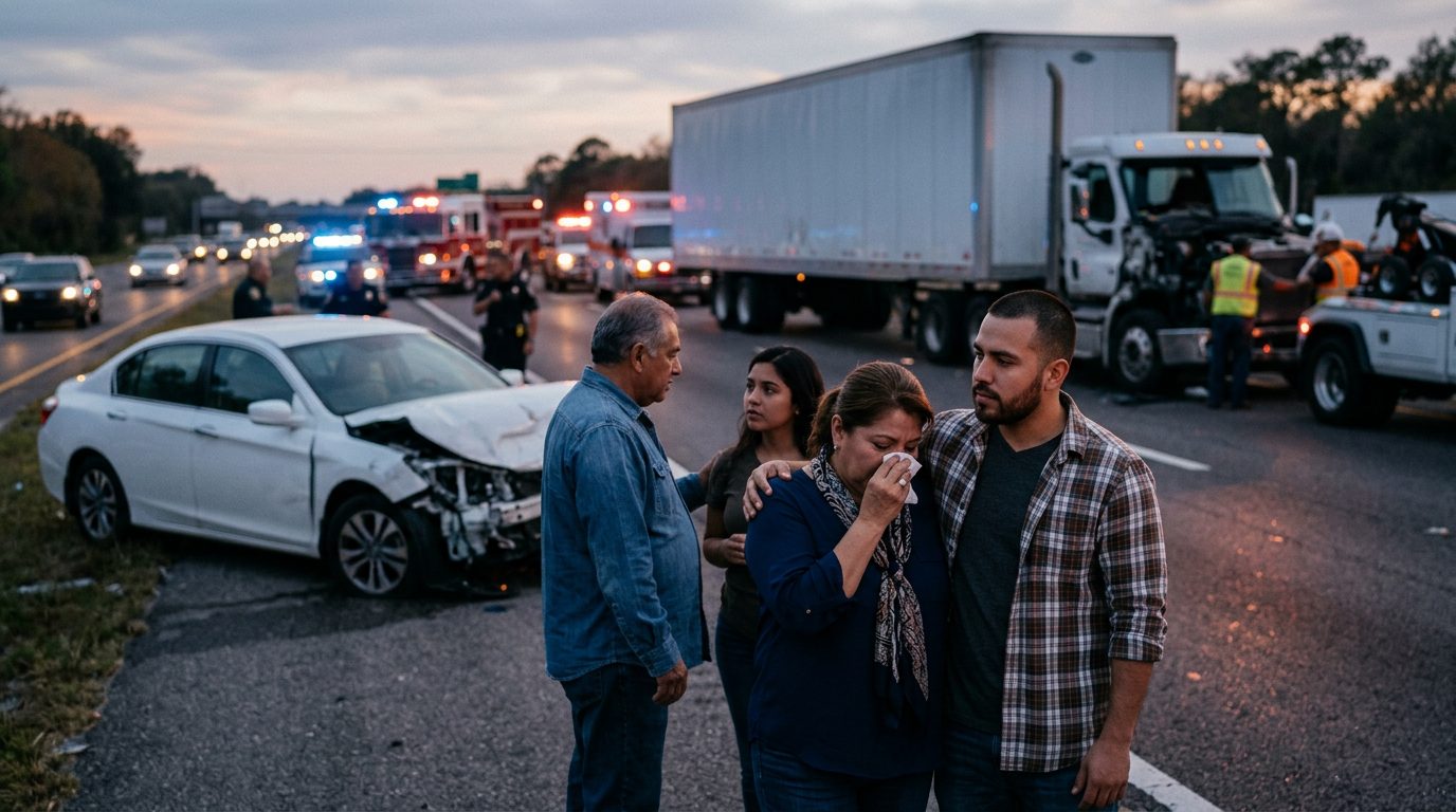 Colisión de camión comercial en carretera al atardecer con personas hispanas cerca.