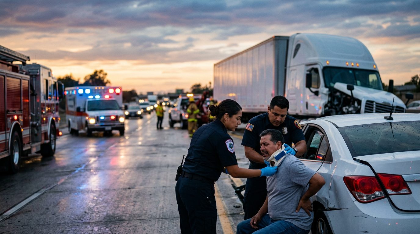 Colisión de camión comercial en carretera al atardecer con personas hispanas.