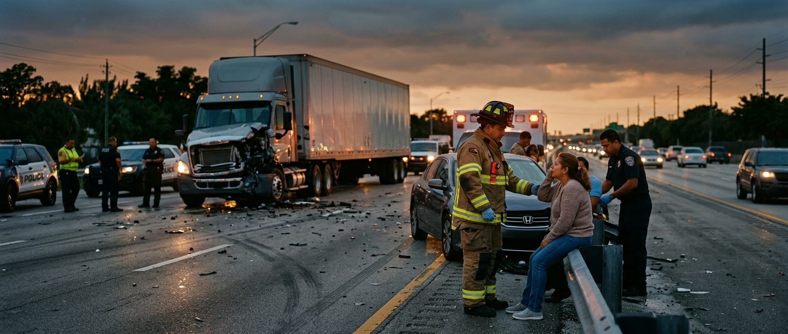 Colisión de camión comercial en carretera al atardecer con personas hispanolas.
