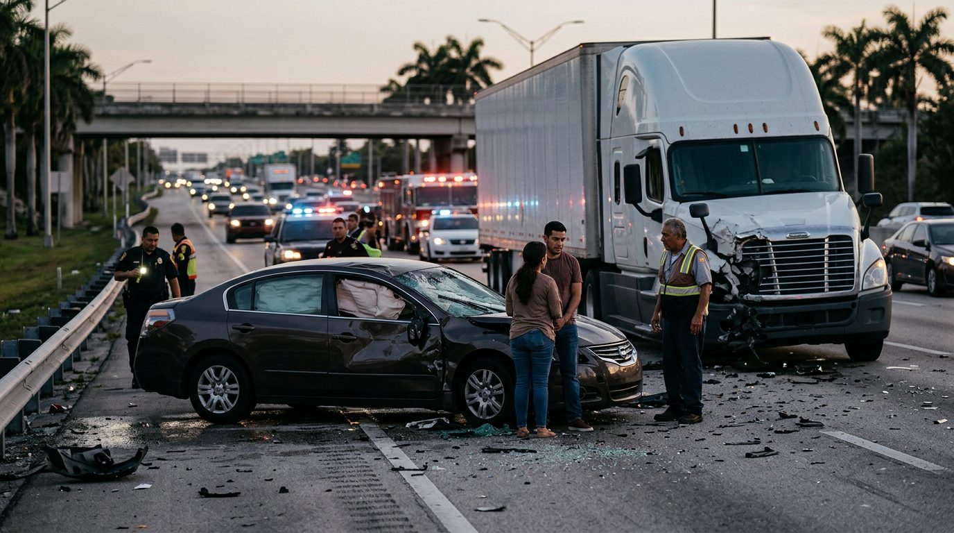 Colisión de camión comercial en carretera al atardecer con personas hispanas.