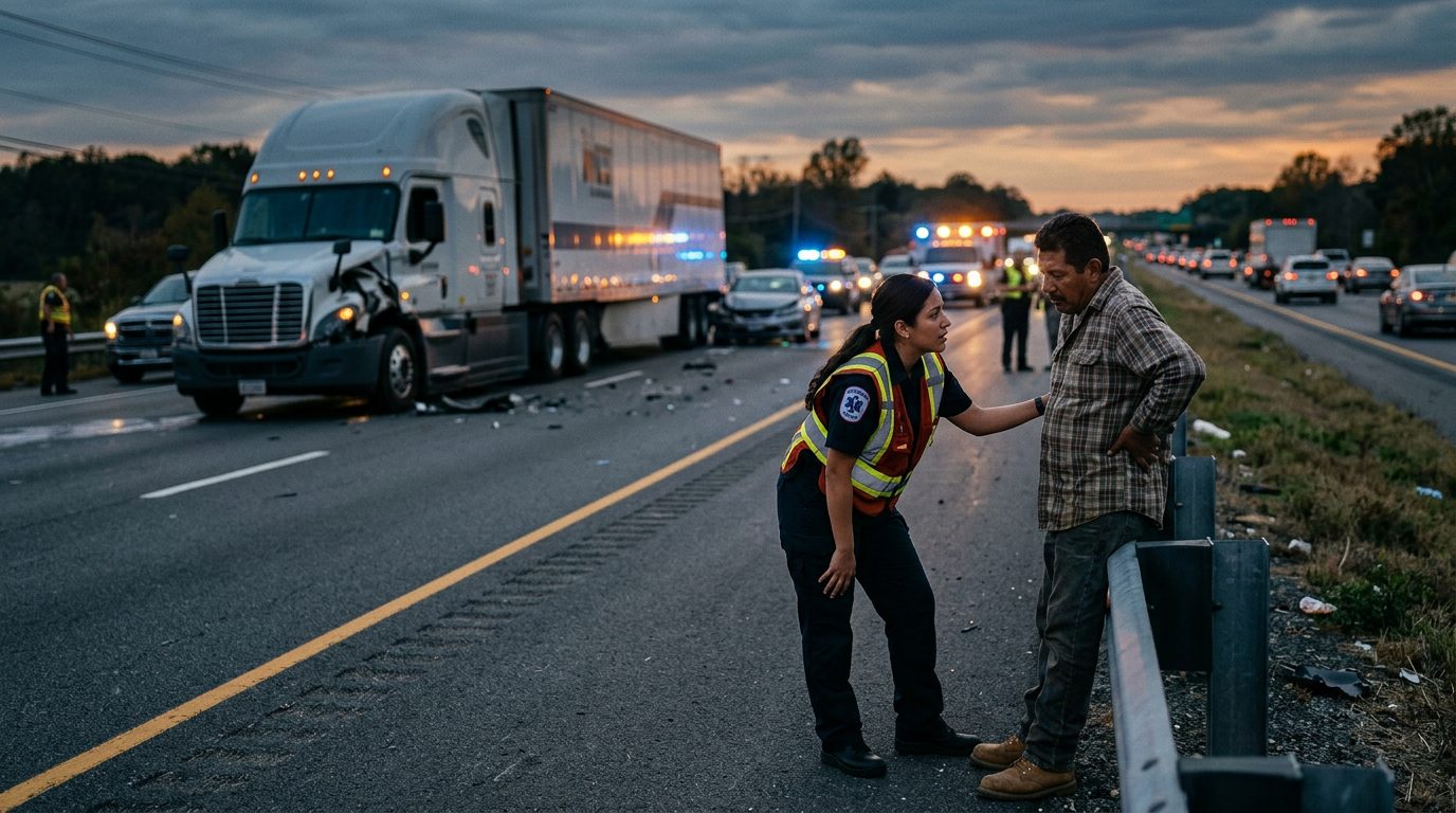 Colisión de camión comercial en carretera al atardecer con personas hispanolas.