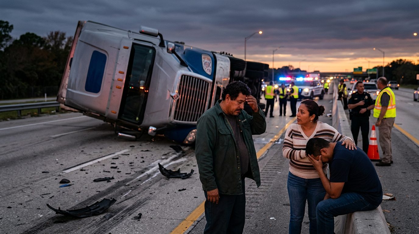 Colisión de camión comercial en carretera al atardecer con personas hispanas.