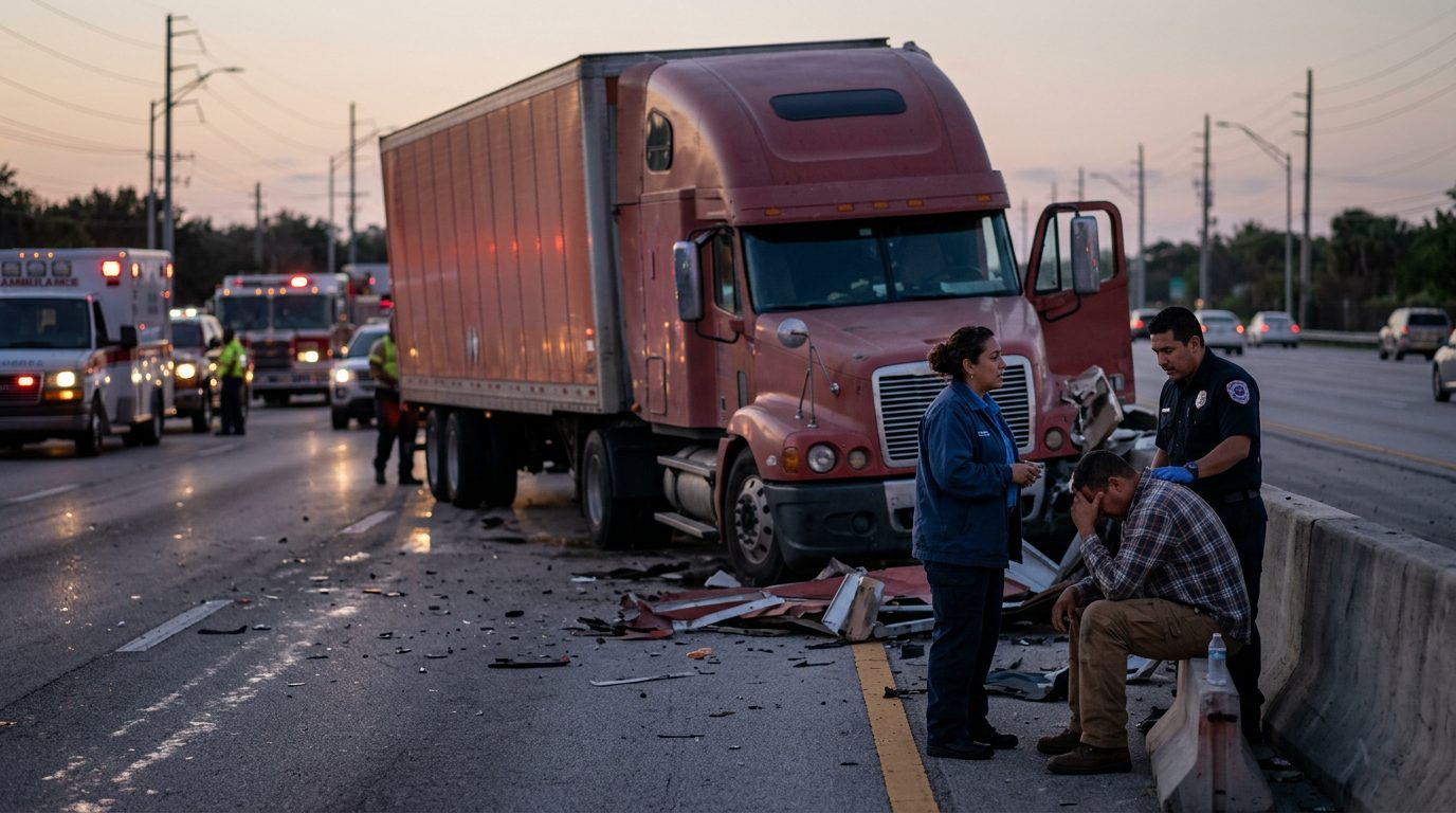 Colisión de camión comercial en carretera al atardecer con personas hispanohablantes.