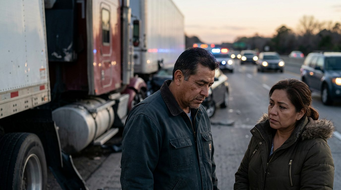 Colisión de camión comercial en carretera al atardecer con personas hispanas.