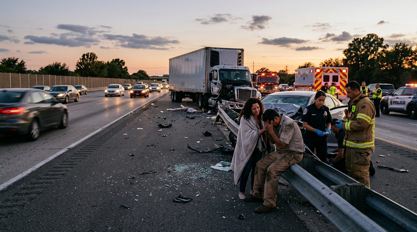 Colisión de camión comercial en carretera al atardecer con personas hispanohablantes.