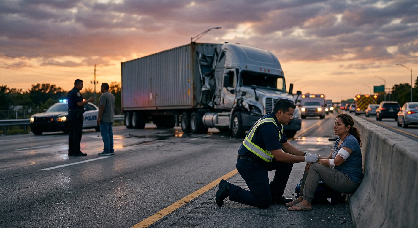 Colisión de camión comercial en carretera al atardecer con personas hispanolas.