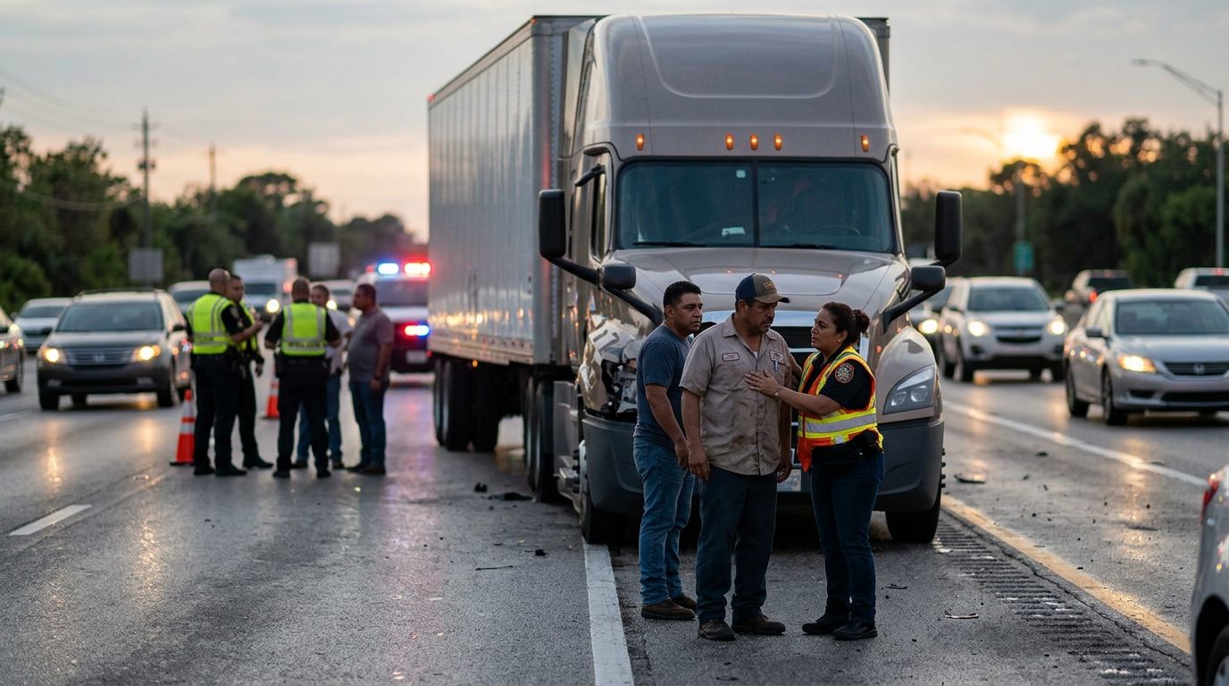 Colisión de camión comercial en carretera al atardecer con personas hispanas.