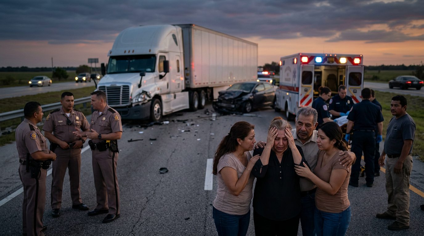 Colisión de camión comercial en carretera al atardecer con personas hispanas.