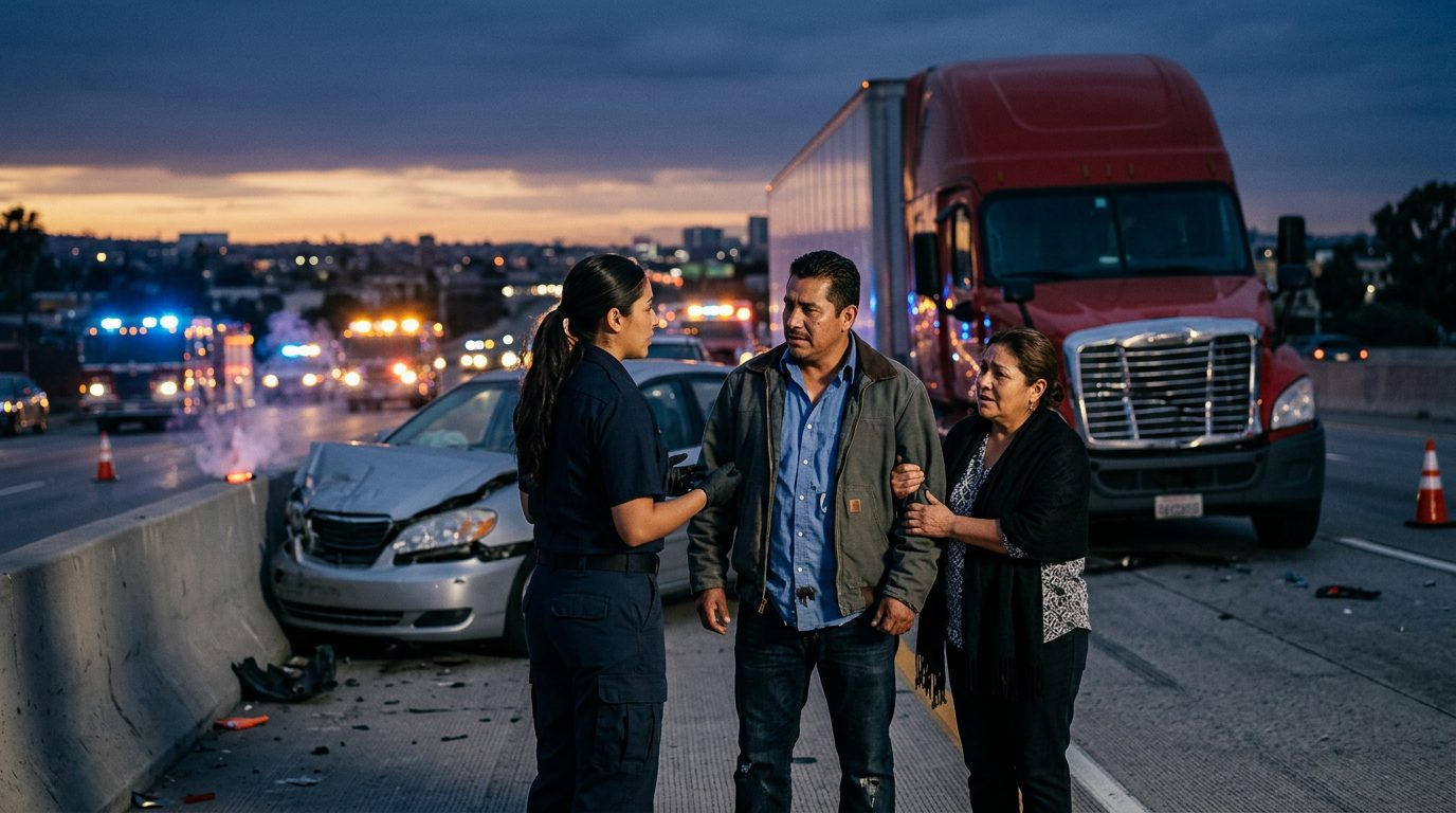 Colisión de camión comercial en carretera con personas hispanohablantes al atardecer.