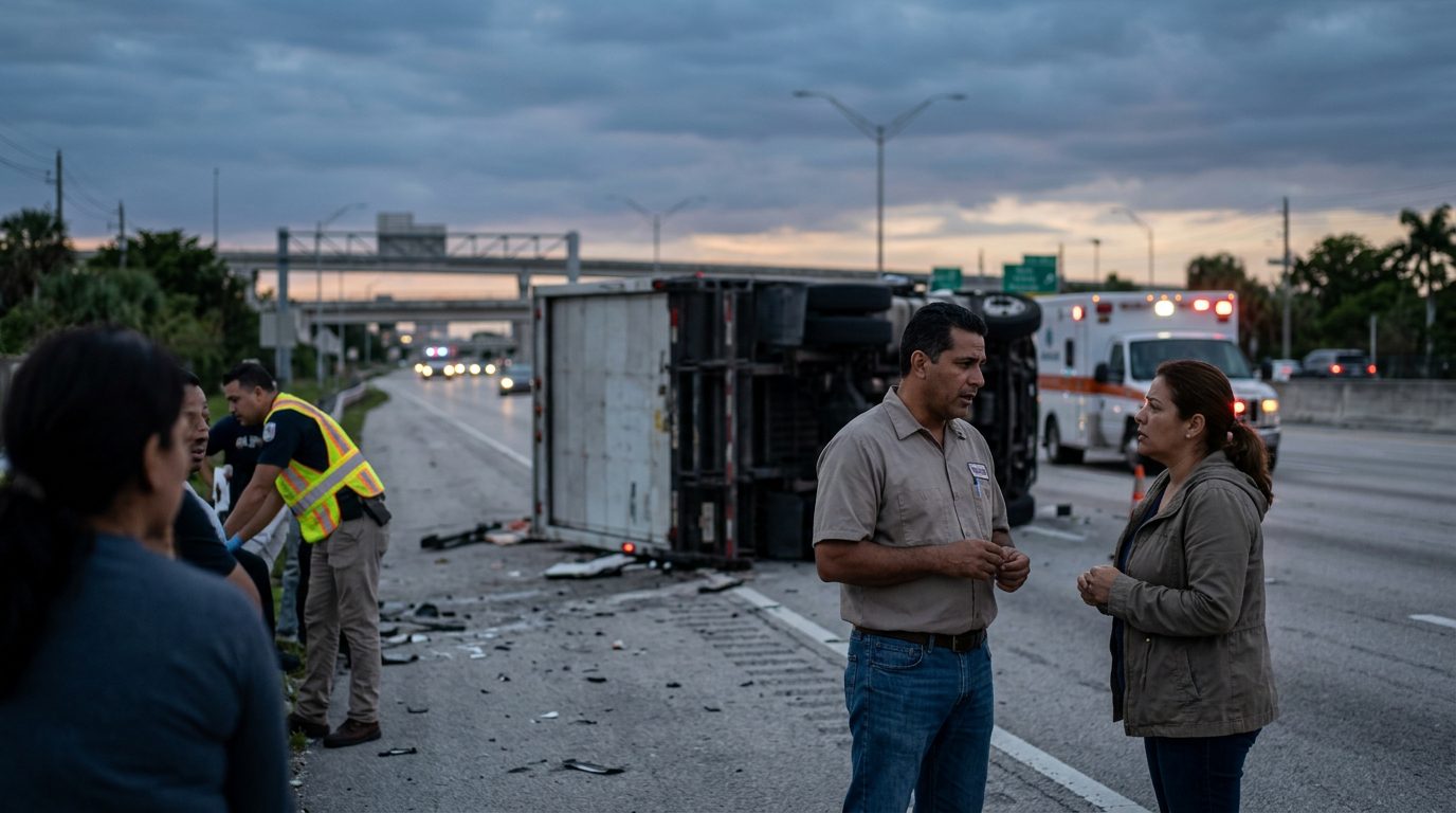Colisión de camión comercial en carretera con personas hispanohablantes al atardecer.