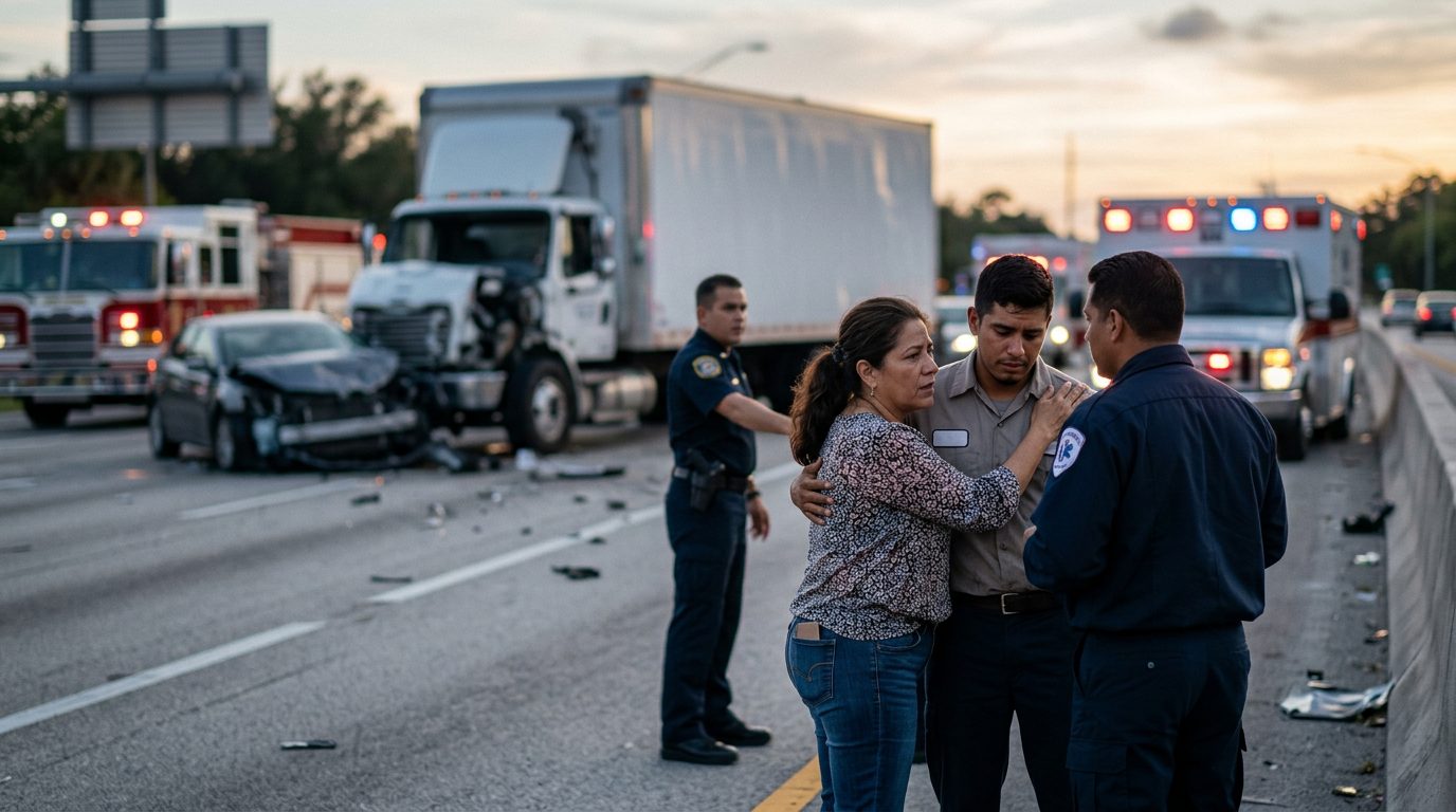 Colisión grave de camión comercial en carretera al atardecer con personas hispanohablantes.